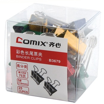 齊心（COMIX）B3679 塑盒裝長尾票夾 19mm 25只/盒 彩色